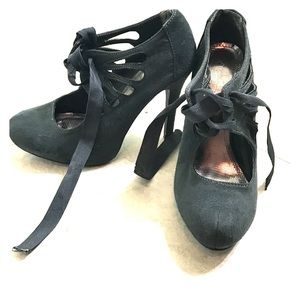 Grey Lace Up Ribbon Heels
