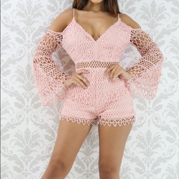 Pink mauve crochet netted lace short romper - Picture 5 of 8