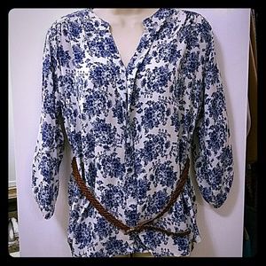 Women's Blouse White with Blue Flowers