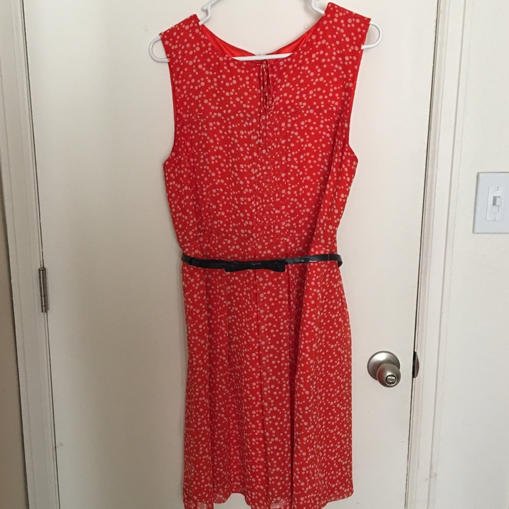 Sassy orange polka dot dress with navy bow belt
