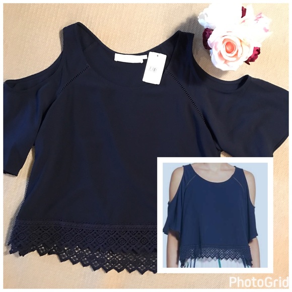 Navy Cold Shoulder boho top size L - Picture 1 of 6