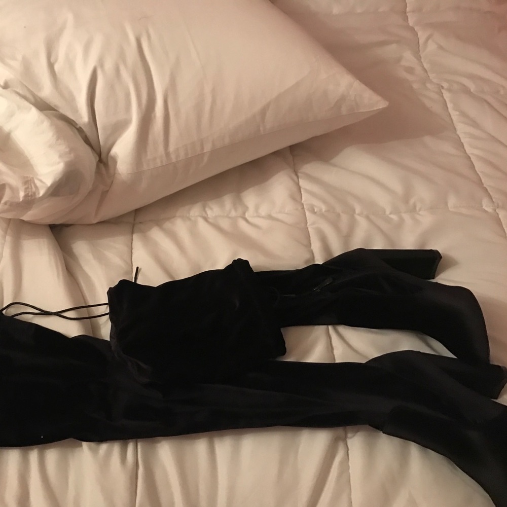 Black velvet thigh high boots