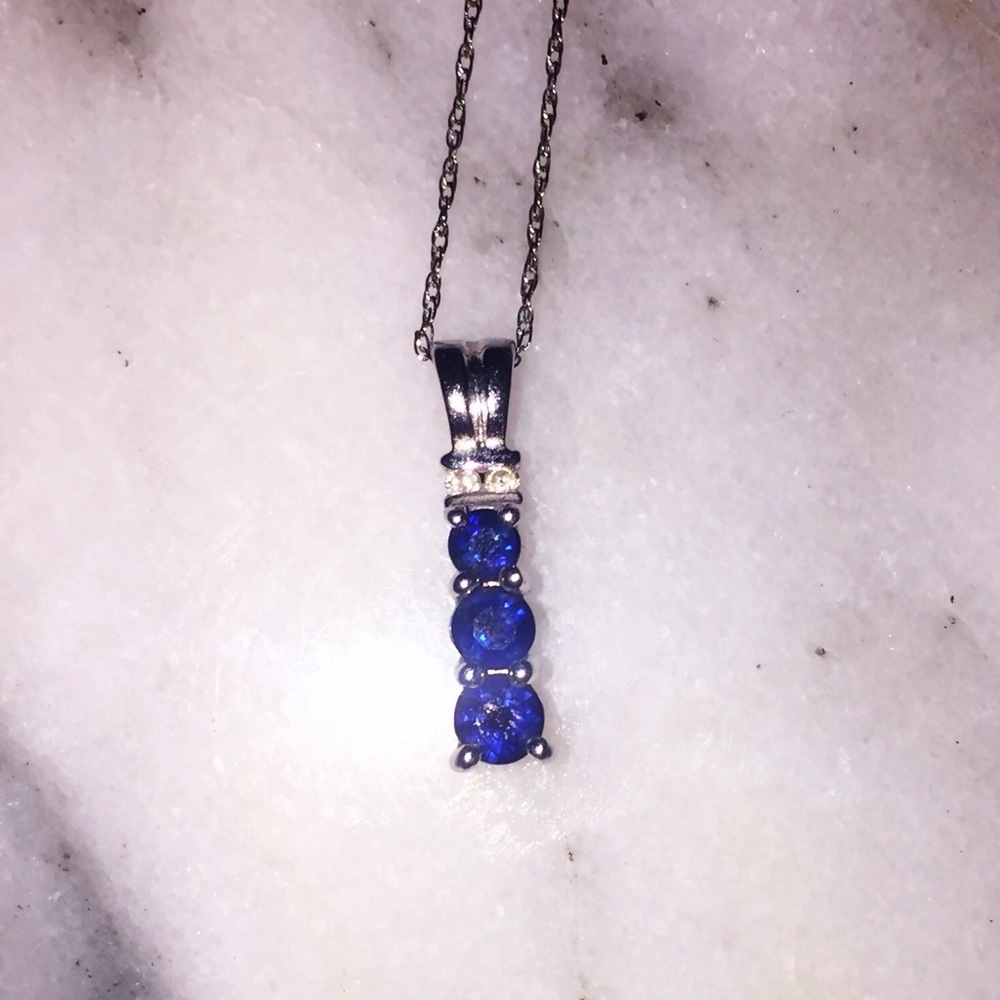 Three Stone Sapphire Necklace (10k White Gold)