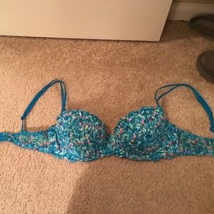 Blue floral print lace push up bra