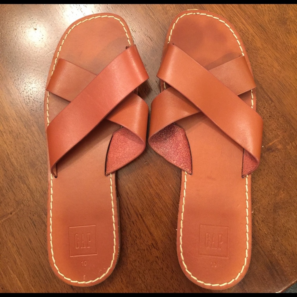 Gap Brown Leather Cross Strap Slides, Size 10