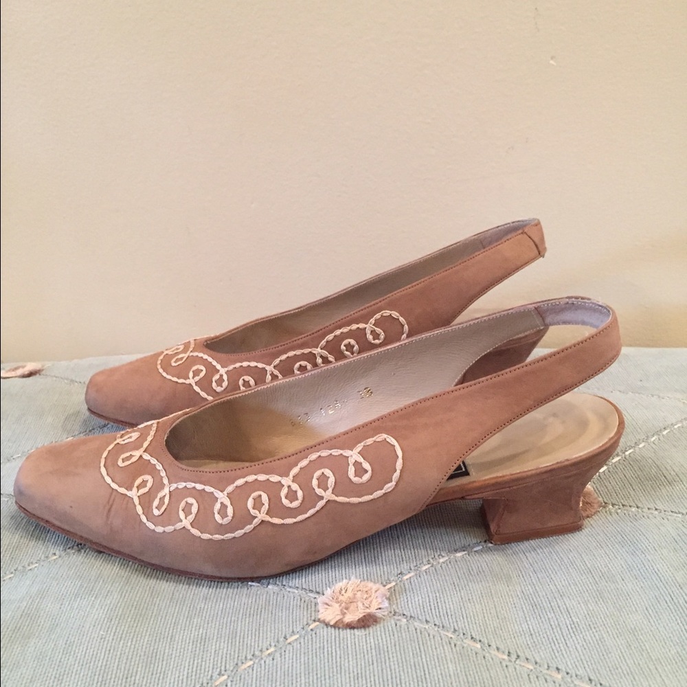 Lei Tan Suede Slingbacks with Embroidery- Size 38