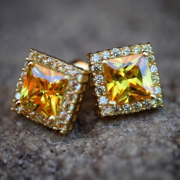 Gold Canary Yellow Lab Diamond Square Earrings - Picture 1 of 2
