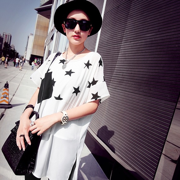 🆕 Asymmetric Star Stitching Chiffon Shirt Blouse - Picture 1 of 8