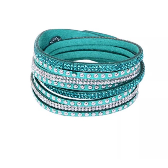 Turquoise Suede Studded Rhinestone Bracelet Choker - Picture 1 of 2