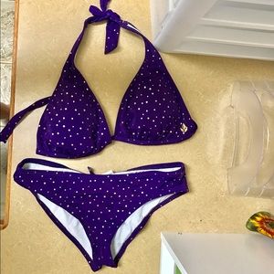 Purple Bikini Swimsuit with Gold Polka Dots