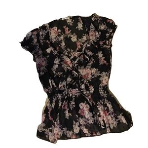 Floral Black and Pink Chiffon Lace Up top, S