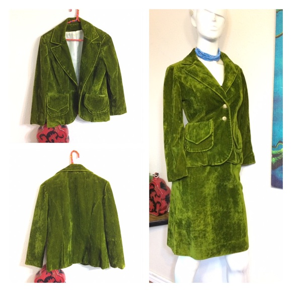 1960's Lush Green Velvet Career Girl Skirt Suit XS - Picture 2 of 4