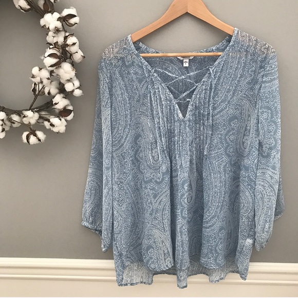 Sonoma Tops - NWOT Cloudy Blue paisley lace up peasant blouse