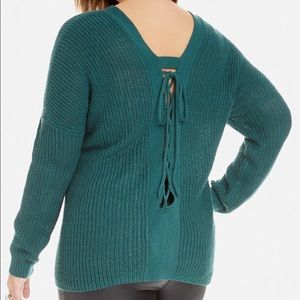 Teal lace-up back Fashion to Figure sweater