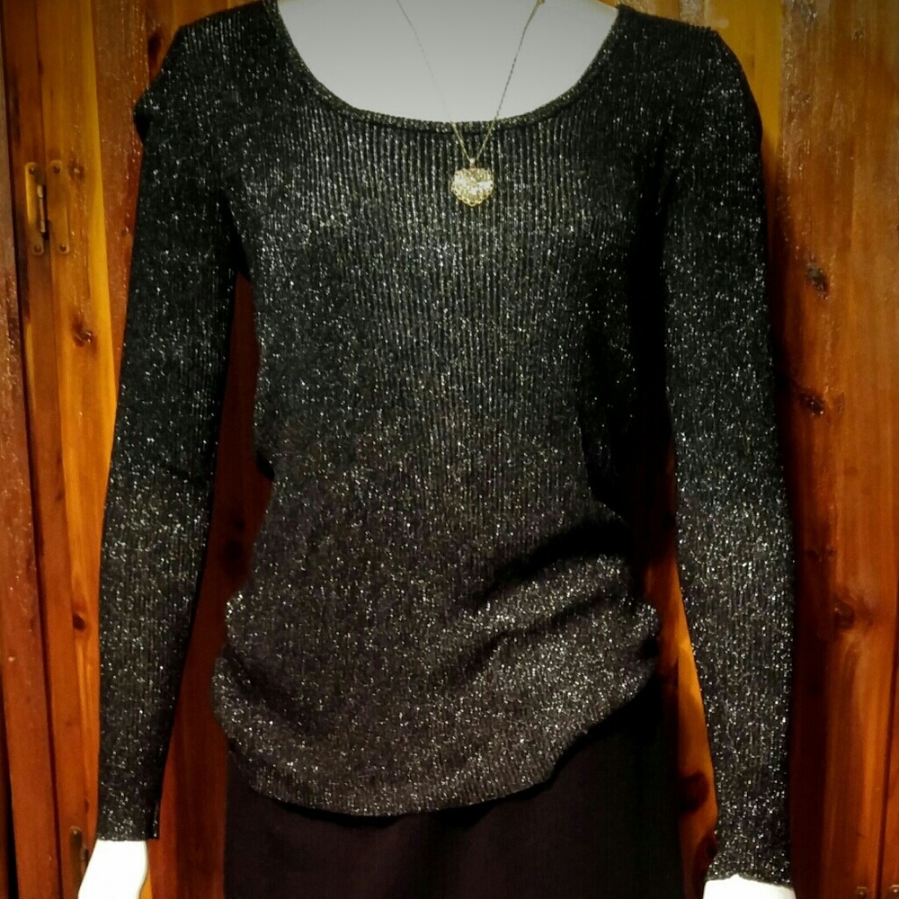 Black & Silver Metallic Thread Ribbed Sweater-Sz L
