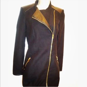 New Zara Long Navy Gold Moto Jacket