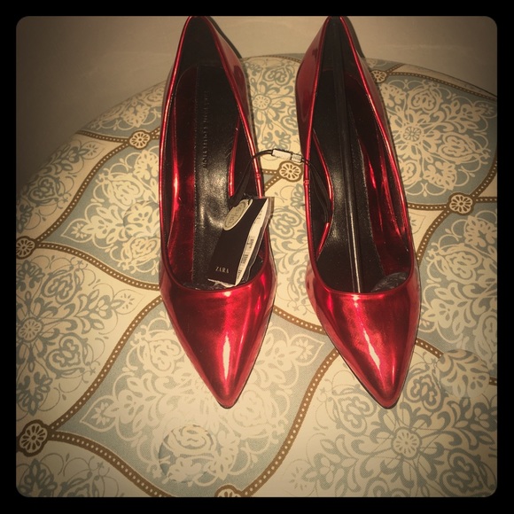 red metallic heels