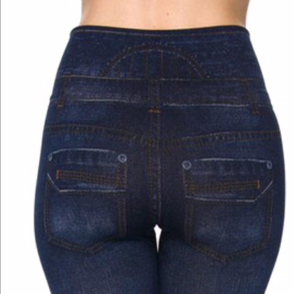 Highwaist Washed Denim Print Ankle Leggings. - Picture 2 of 6