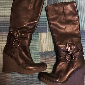 Black leather 9West wedge boots size 9