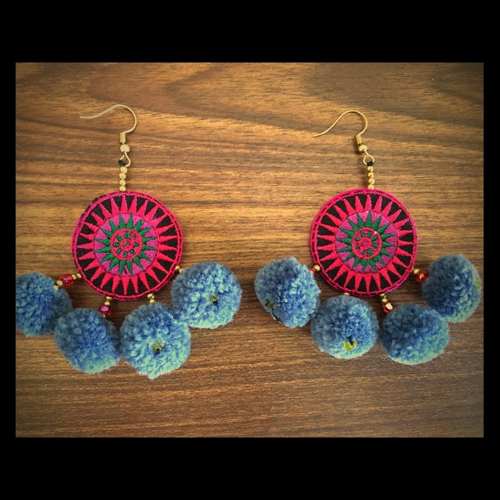 Embroidery Pom Pom Earrings