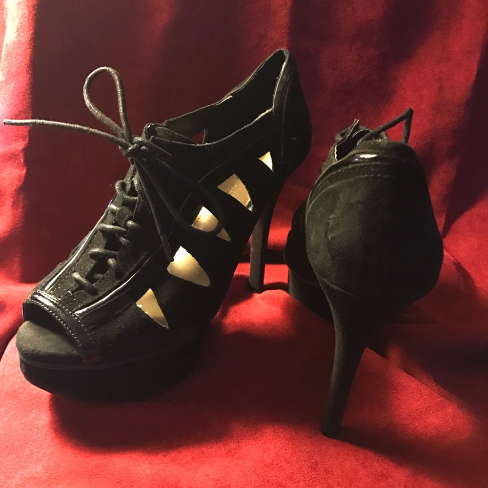 Gianni Bini sued and leather peekaboo lace-up heel