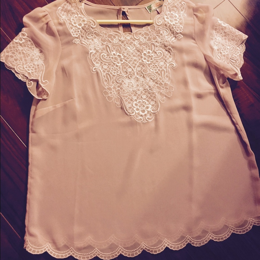 Flying Tomato Light Pink and White Sheer Lace Top