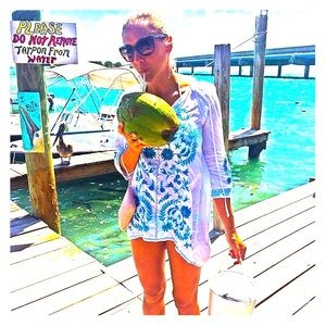 Johnny Was white tunic dress cover up blue green