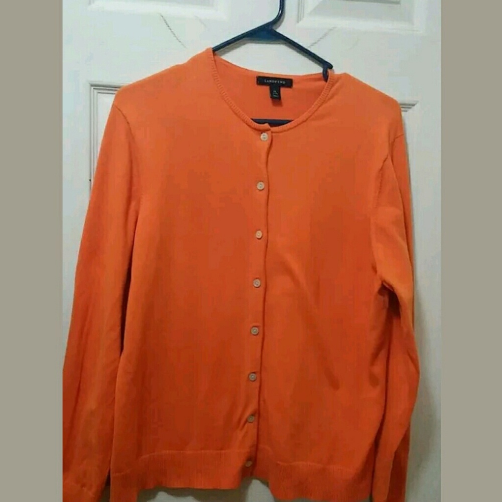 Orange button up lands end sweater EUC