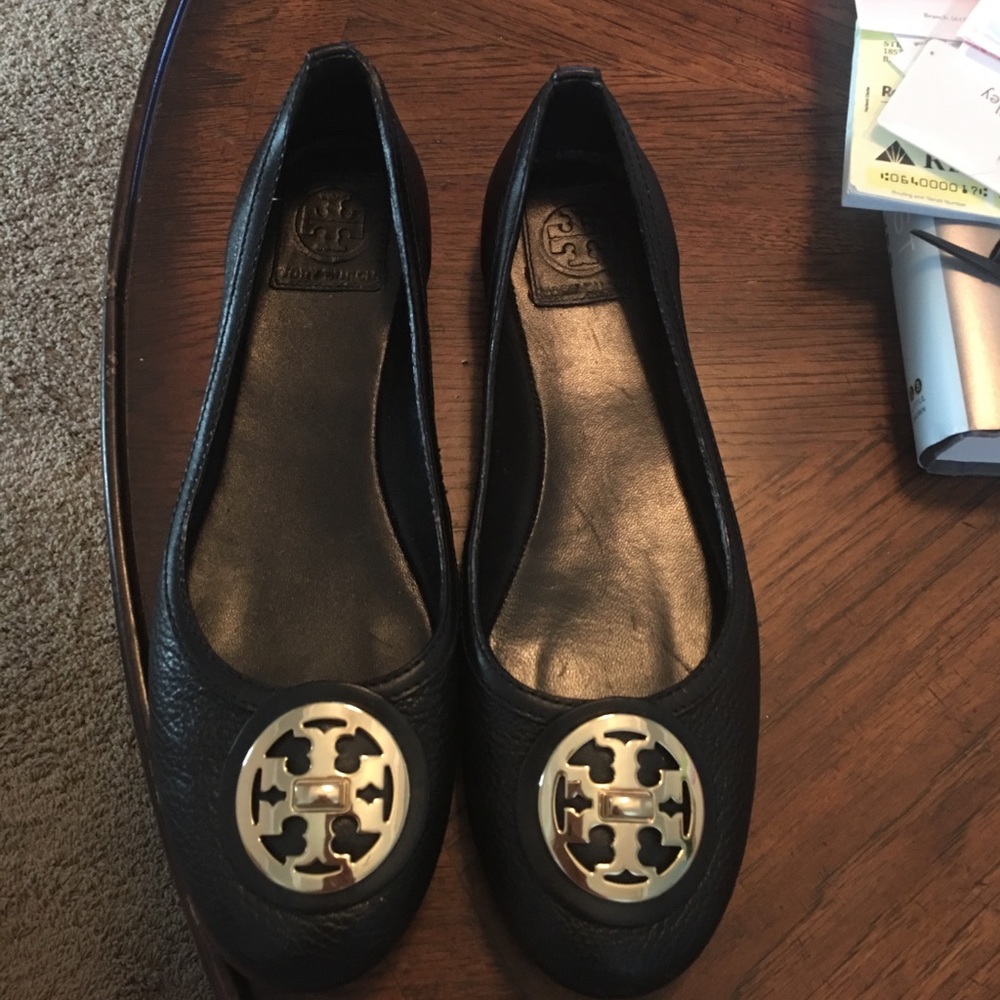 Tory Burch All leather black pebbled flats