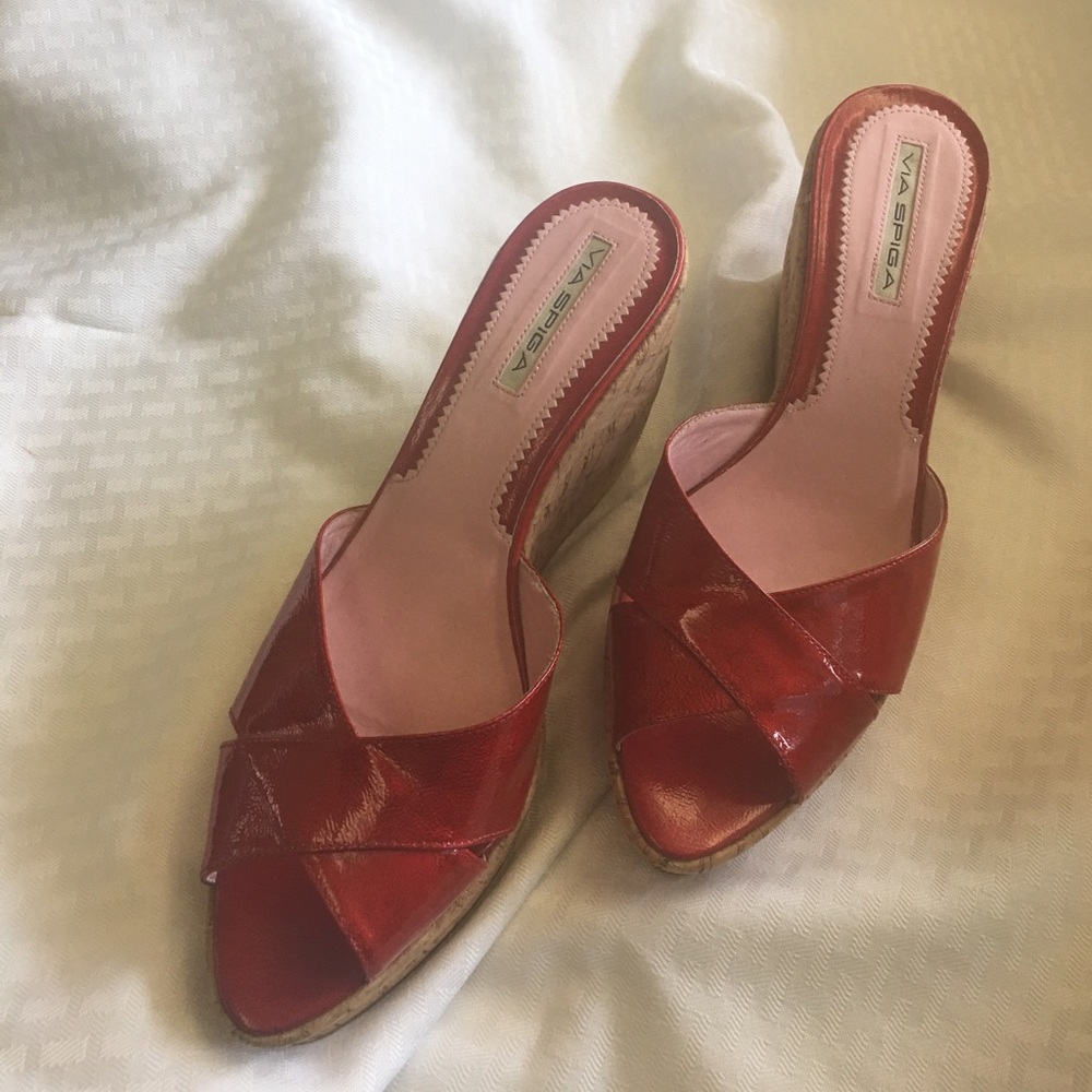 Hot Red Patent Leather Cork Wedges