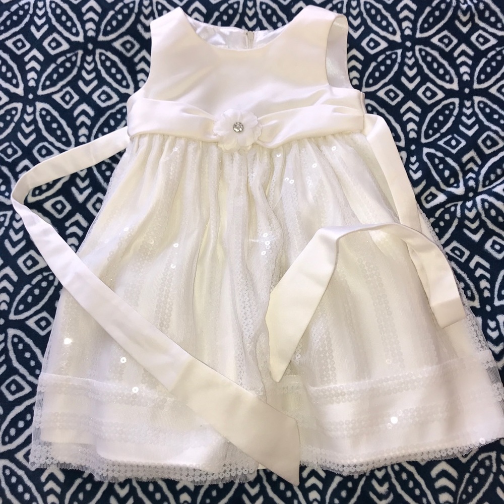 Flower girl dress, bloomers, and sweater