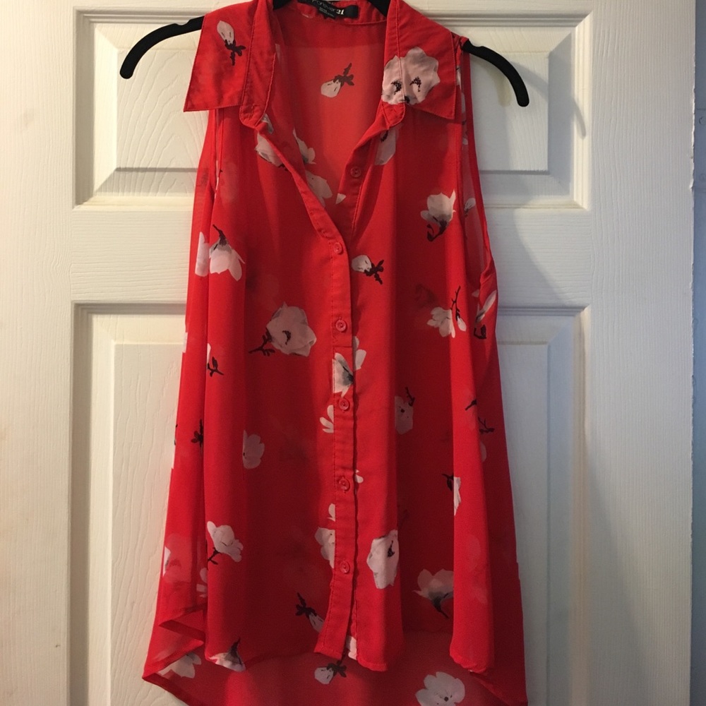 Floral Print Forever 21 sleeveless sheer top M red