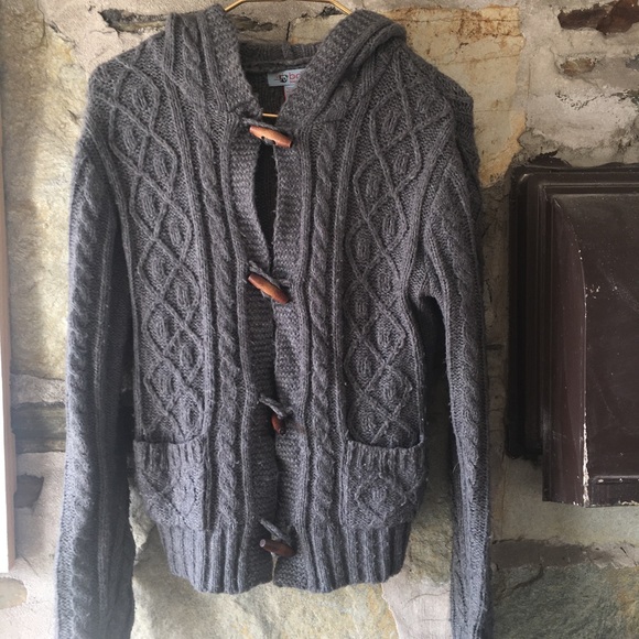 UO bdg gray cable knit hooded cardi wood buttons