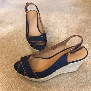 Denim, woven wedge sandals.
