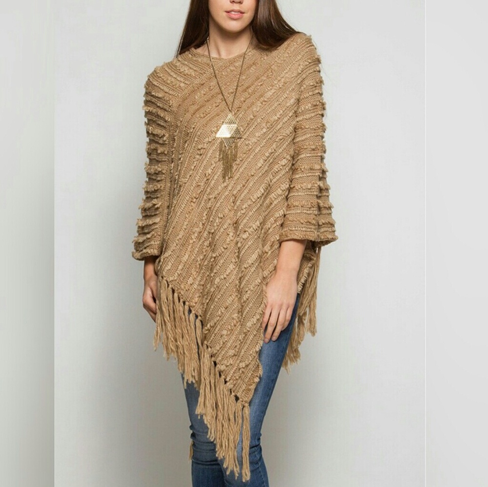 Knit Poncho with Fringe Detail