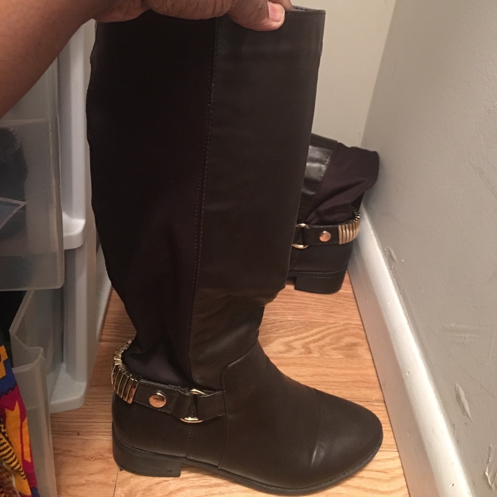 Brown/gold below knee boot faux leather/Lycra