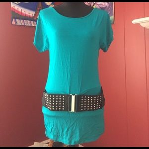 Teal Short Sleeve Top with Attached Studded Belt