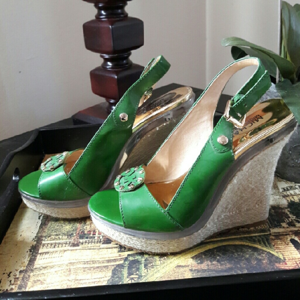 Green Paton leather MK wedge heels