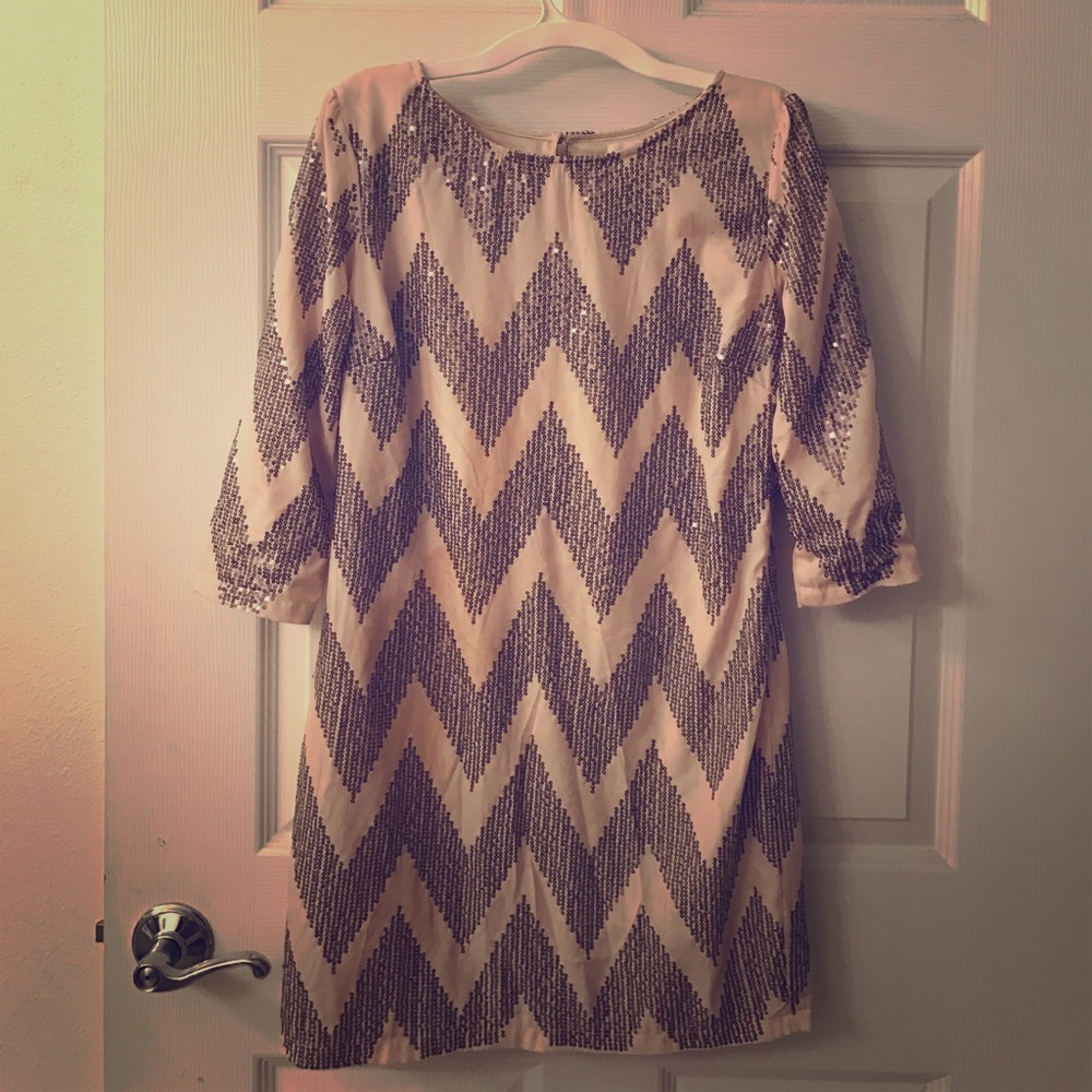 Tan and sequined shift dress