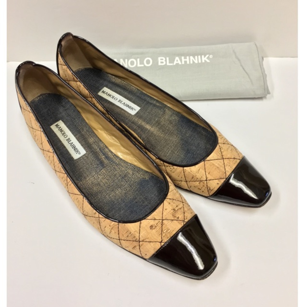 MANOLO BLAHNIK QUILTED CORK TWO-TONE FLATS SIZE 42