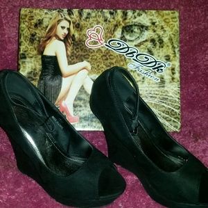 Black Faux Suede Peep Toe Wedge