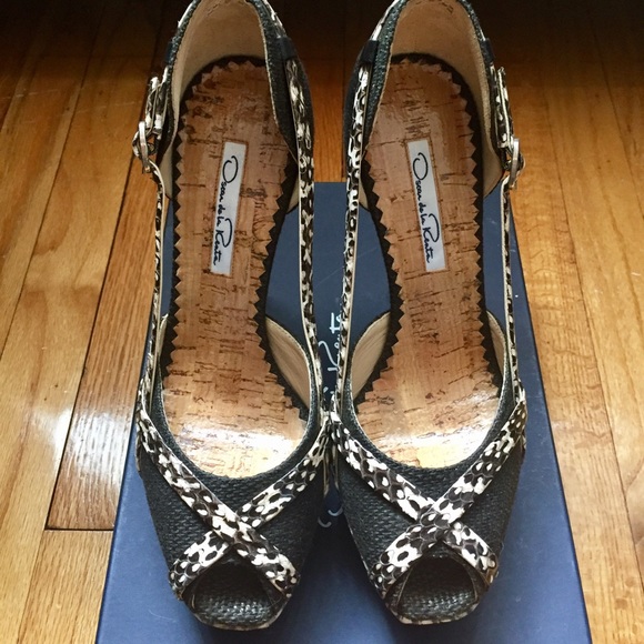 Oscar de la Renta- Elaphe/ Straw Open-Toe Heels ❤ - Picture 2 of 8