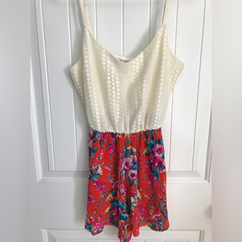 Tropical print romper with lace top