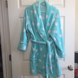 Teal and White polka dot fuzzy robe