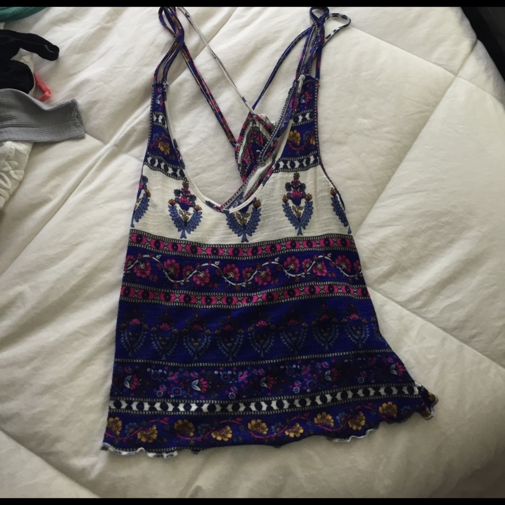 Blue and white and pink patterned tank top