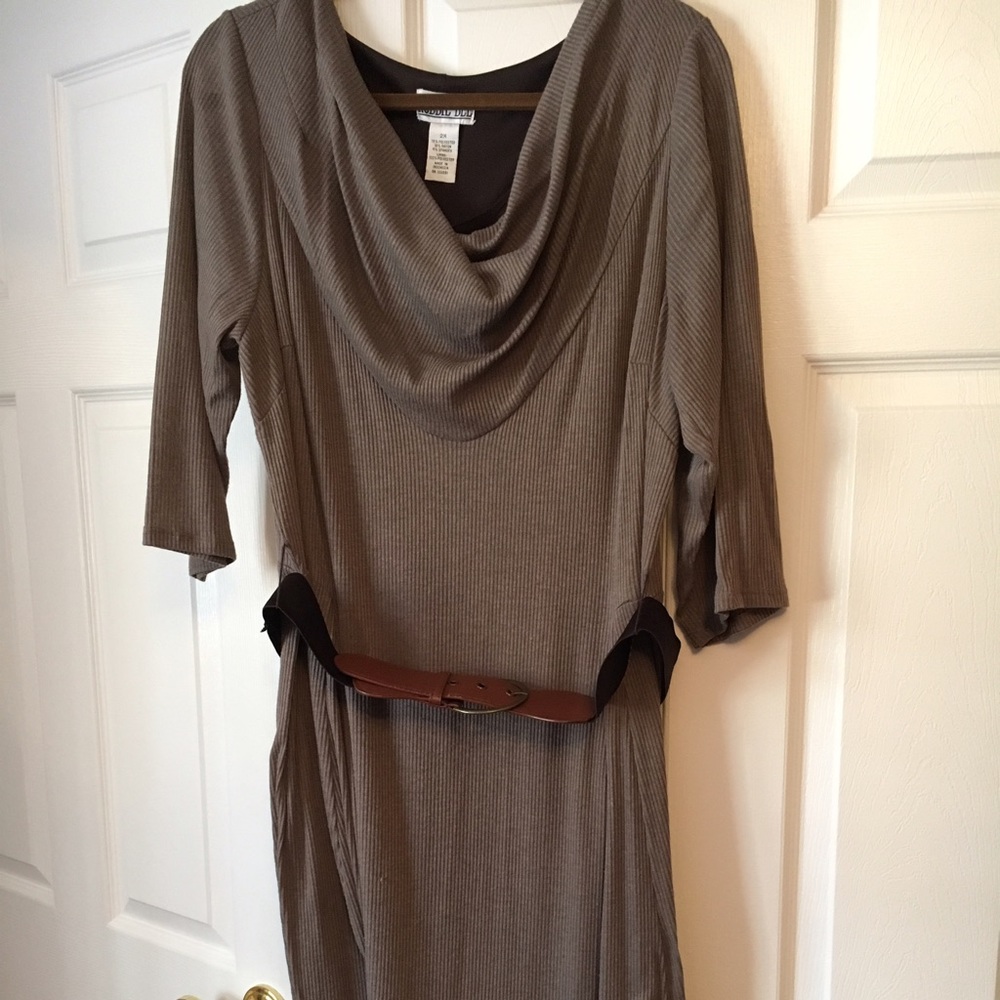 Gorgeous knit dresses with draped neck and belt.