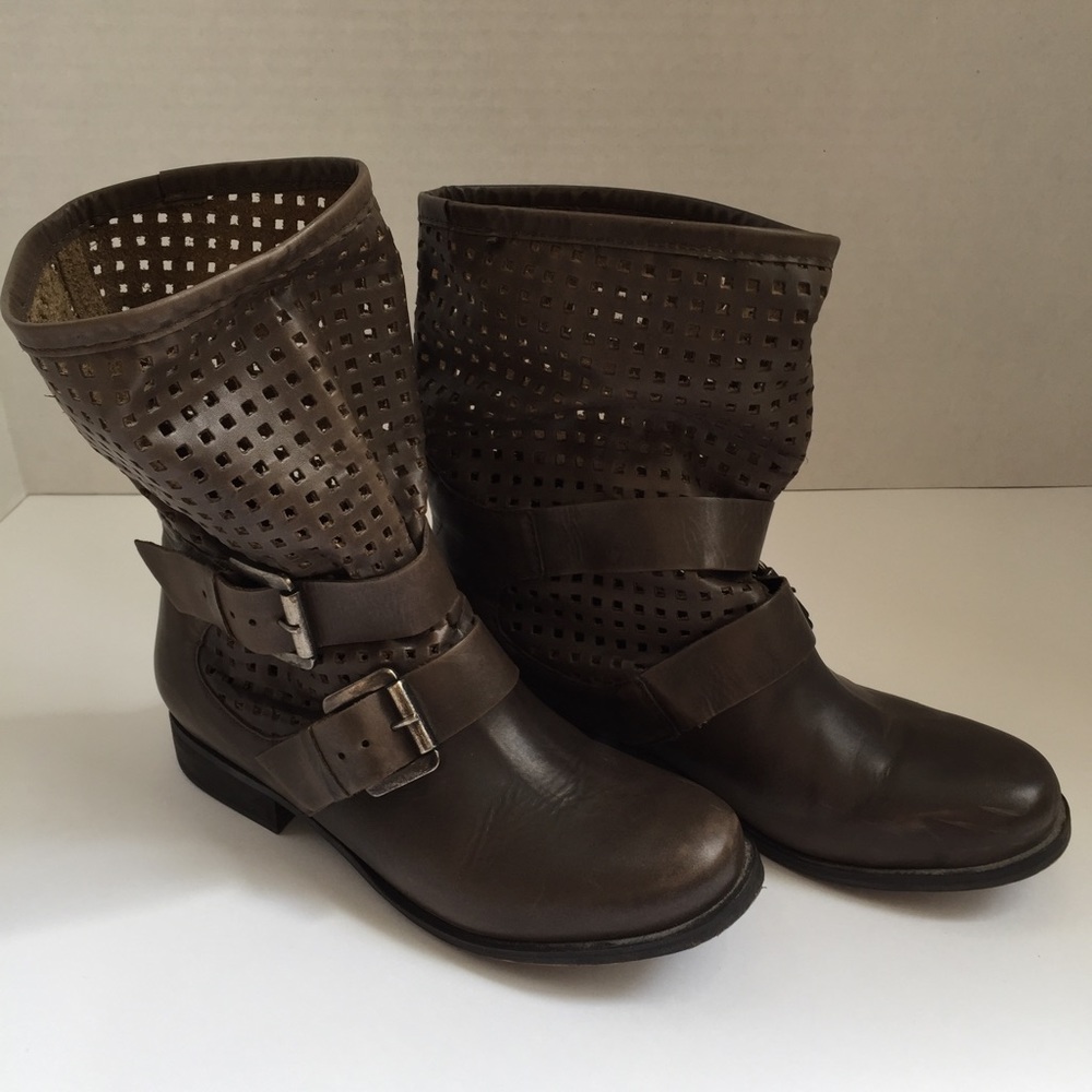 Perforated Leather Midi Boot  with buckle strap