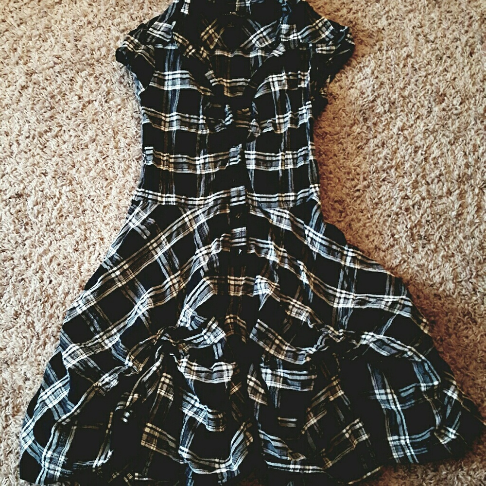 Black and White Plaid Short Sleeve Button Up Dress