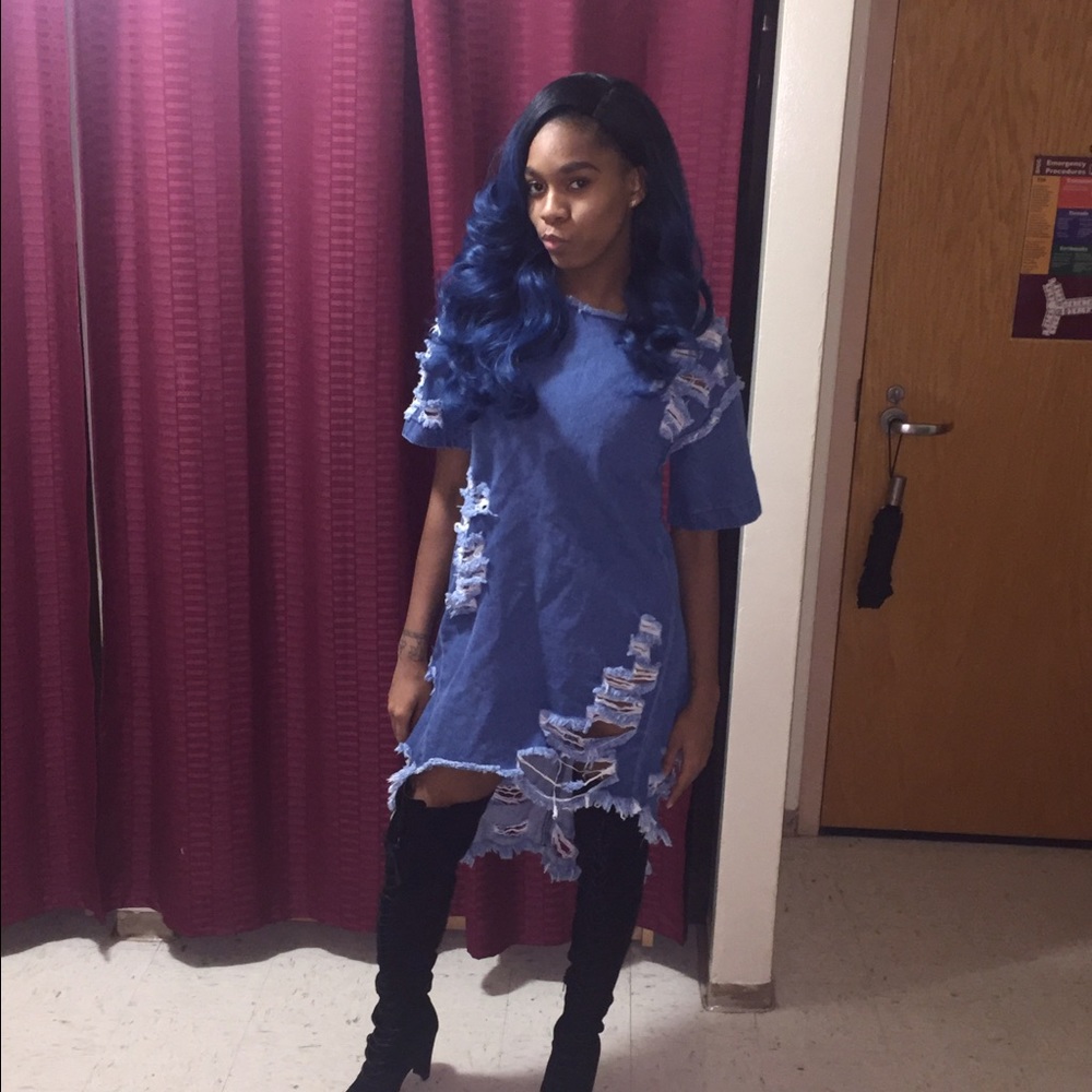 Blue jean dress with rips