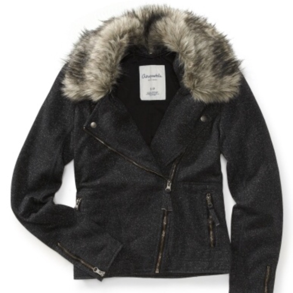 Aeropostale Sparkly Black Faux Fur Jacket